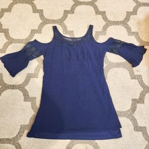 Cato Womens Navy Blue Cold Shoulder Blouse Mesh Lace Embroidered Sleeves